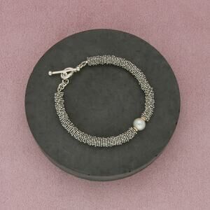 michael dawkins sterling silver & 14k gold beaded pearl toggle bracelet size 7in